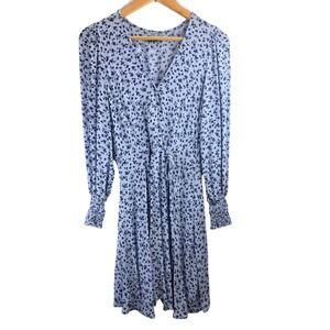 Wild Fable Womens Blue Floral Long Sleeve Mini Dress V-Neck Smocked Cuff Size M